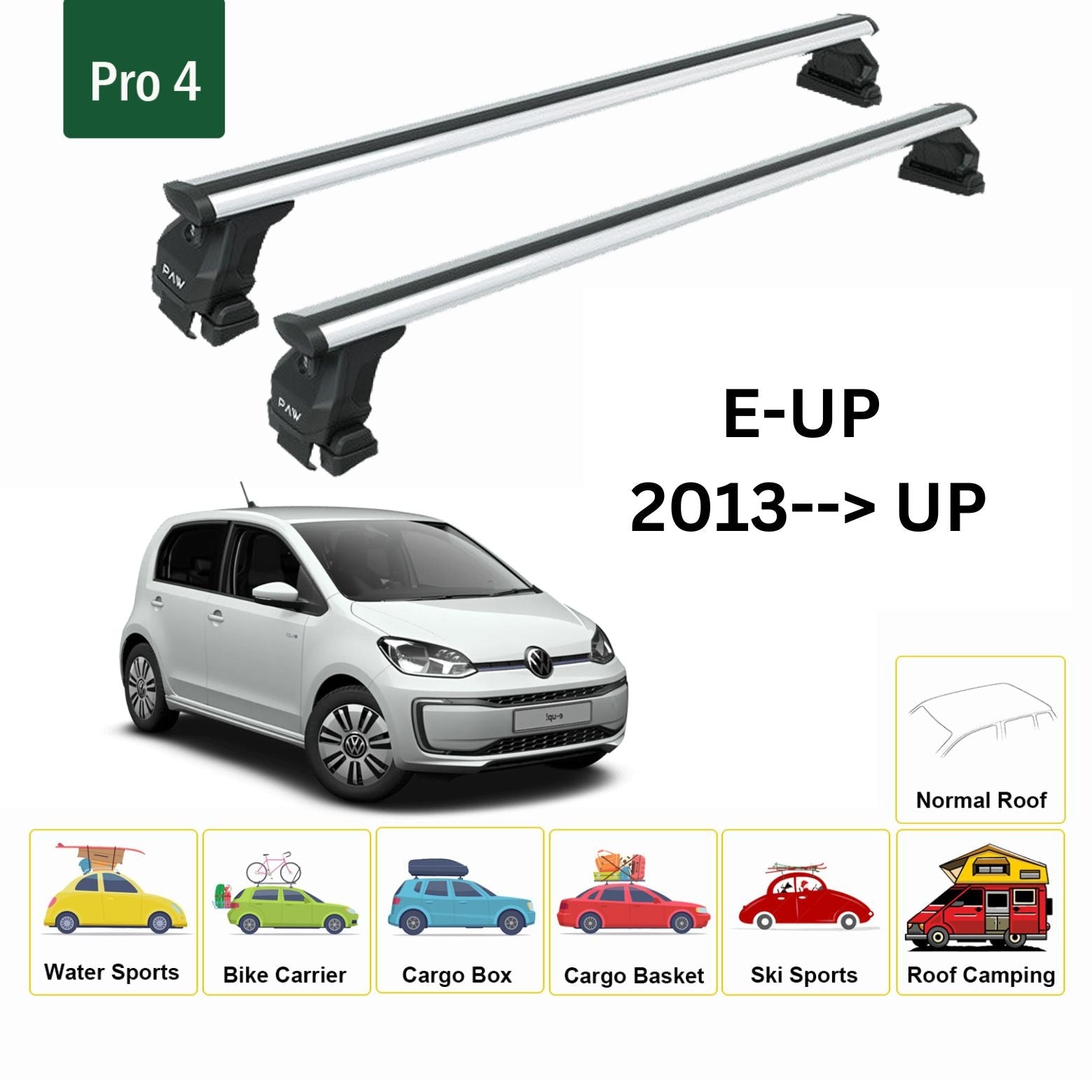 For Volkswagen E-UP 2013--> Roof Rack System, Aluminium Cross Bar, Metal Bracket, Normal Roof, Silver For Volkswagen E-UP 2013--> Roof Rack System, Aluminium Cross Bar, Metal Bracket, Normal Roof, Silver